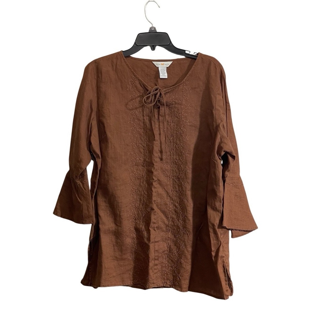 Women 100% Linen Top 2XL Brown Embroidered Bell Sleeve Lagenlook Peasant